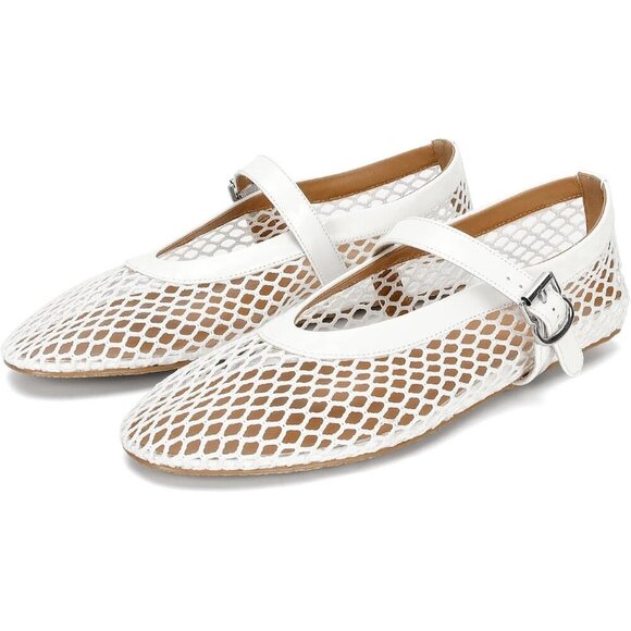Shoes - Women's White Mesh Ballet Flats Buckle Strap Fishnet Casual Comfy Office Shoes